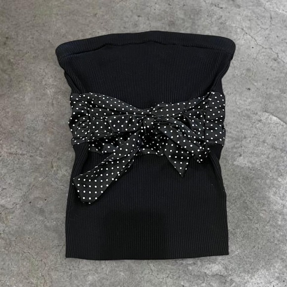 Vintage Tops - y2k black ribbed polka dot tie tube top large